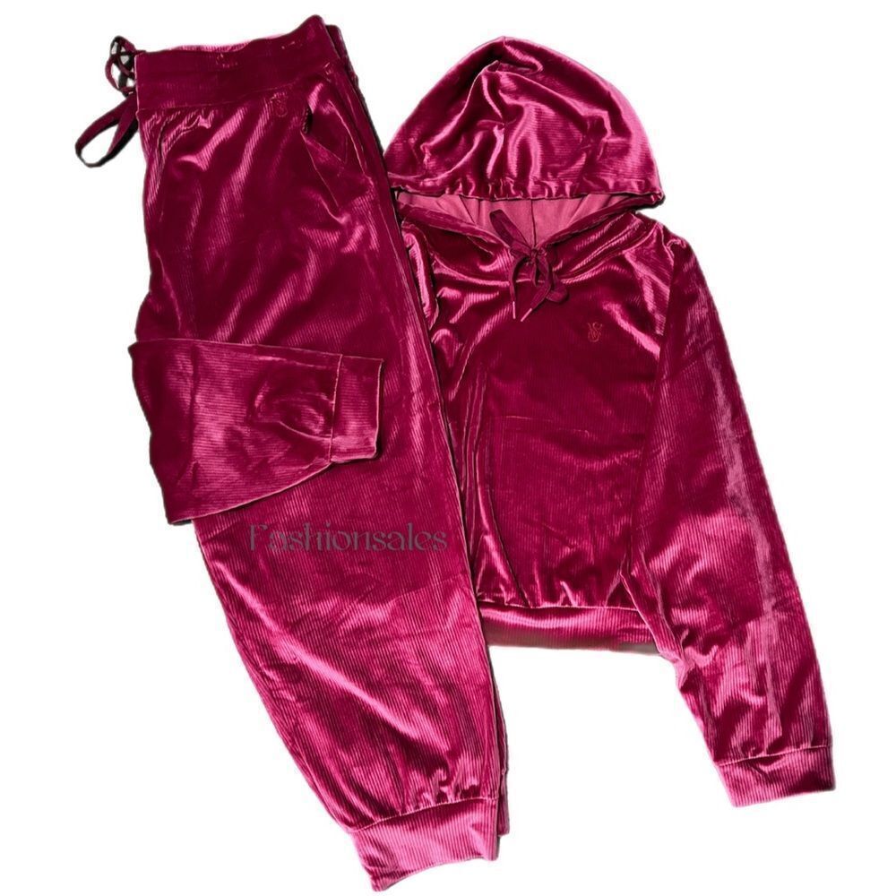 Victorias Secret Supersoft Cozy Ribbed Velour Tracksuit Hoodie & Jogger pink XXL